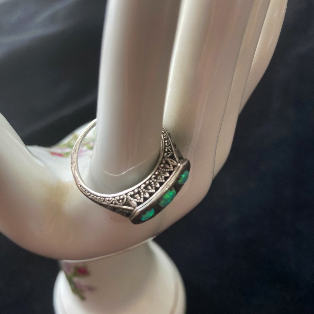 Stunning VINTAGE 925 Silver + Opals Filigree Ring Sz 8 1930s - Picture 5 of 8